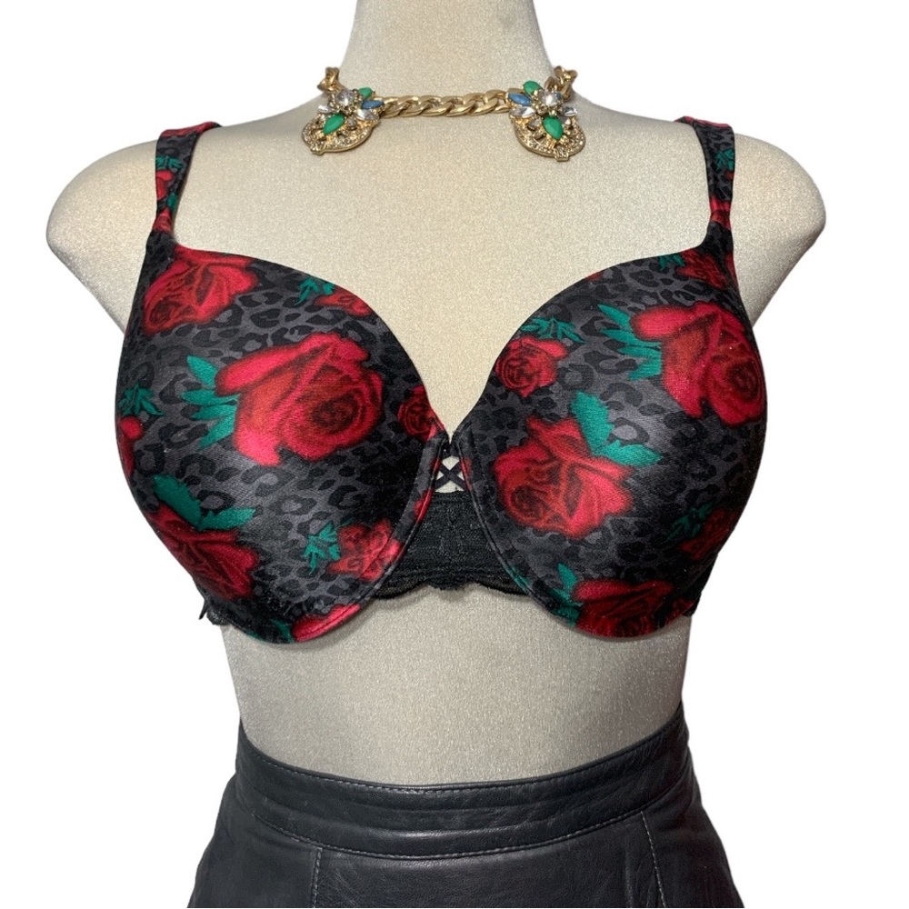 SWEET NOTHINGS Black and Red Roses Push Up Bra Size 38 DD.